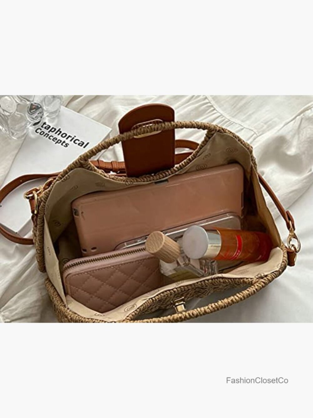 Straw Handwoven Top-Handle Crossbody Tote Clutch Bag for Travel - Picture 4 of 6